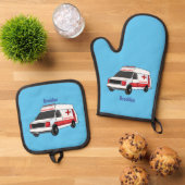 Cute red ambulance van cartoon ovenwant & pannenlap set (Top down)