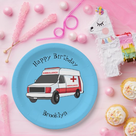 Cute red ambulance van cartoon papieren bordje (Feest)