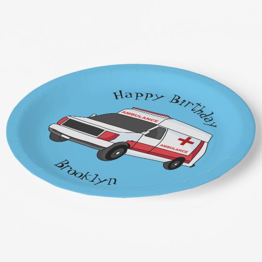 Cute red ambulance van cartoon papieren bordje (Gekanteld)