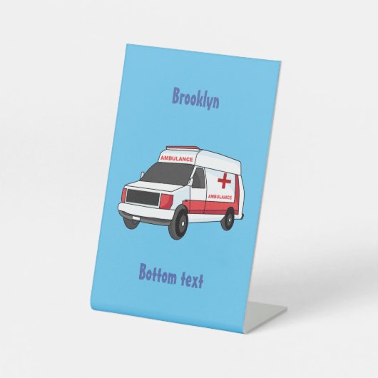 Cute red ambulance van cartoon reclamebord met voetstuk (Voorkant)