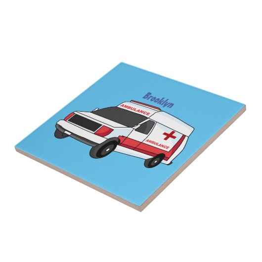Cute red ambulance van cartoon tegeltje (Zijkant)