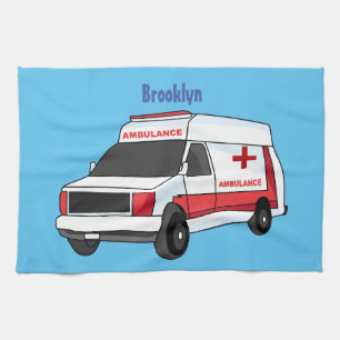 Cute red ambulance van cartoon theedoek