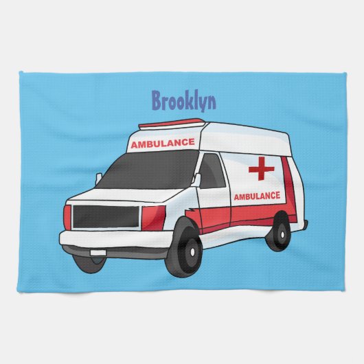 Cute red ambulance van cartoon theedoek (Horizontaal)