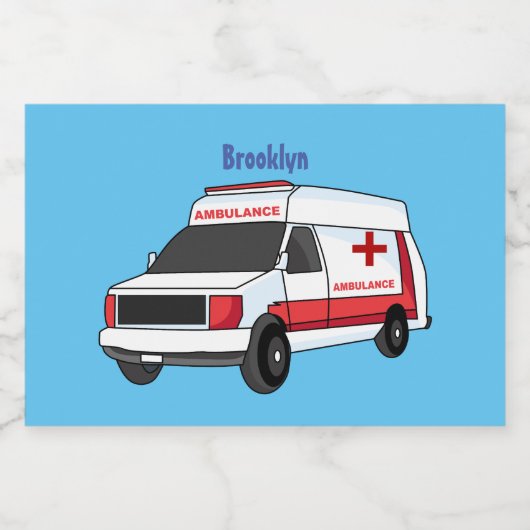 Cute red ambulance van cartoon voedselcontainer etiket (Enkel label)