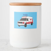 Cute red ambulance van cartoon voedselcontainer etiket (Voorkant)