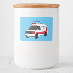 Cute red ambulance van cartoon voedselcontainer etiket