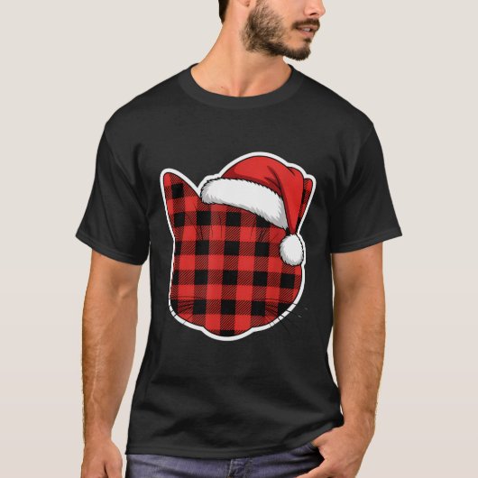 Cute Red And Black Buffalo Plaid Cat Christmas San T-shirt (Voorkant)