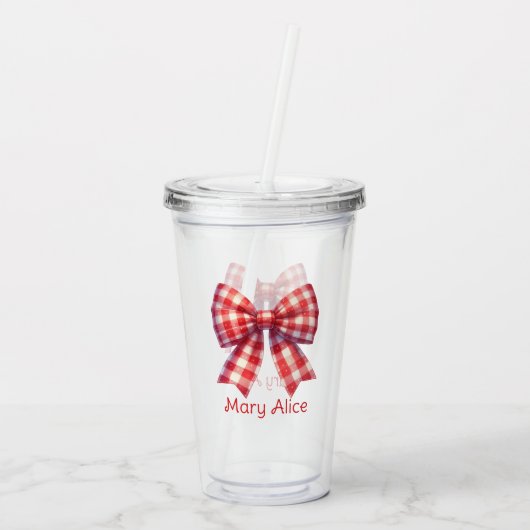 Cute Red and Cream Gingham Bow Acryl Drinkbeker (Achterkant)