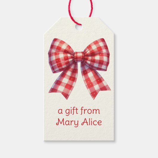 Cute Red and Cream Gingham Bow Cadeaulabel (Voorkant)