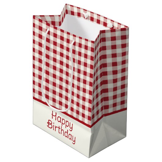 Cute Red and Cream Gingham Bow Medium Cadeauzakje (Voorkant Gekanteld)