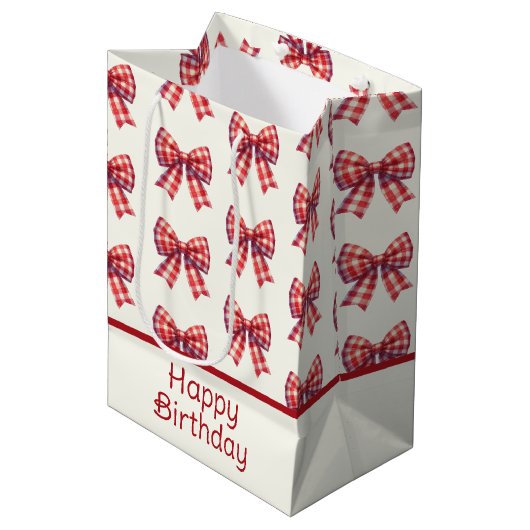 Cute Red and Cream Gingham Bow Medium Cadeauzakje (Voorkant Gekanteld)