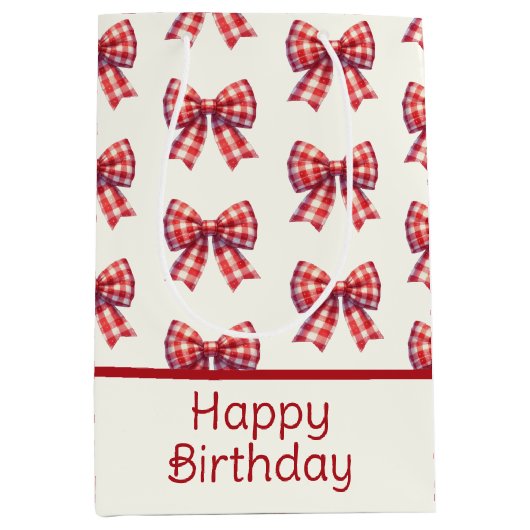 Cute Red and Cream Gingham Bow Medium Cadeauzakje (Voorkant)