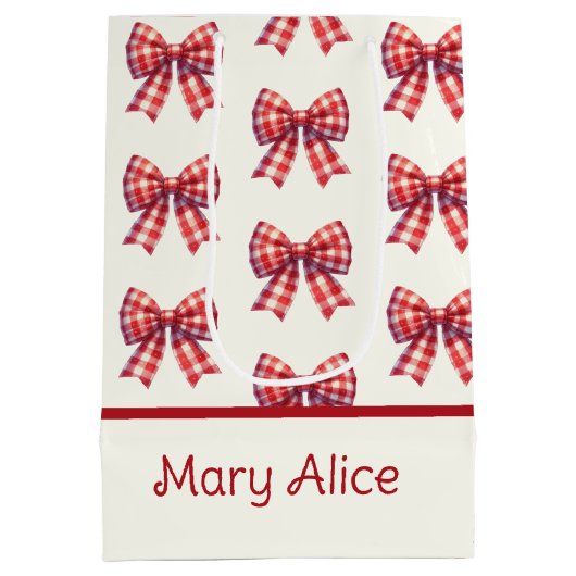 Cute Red and Cream Gingham Bow Medium Cadeauzakje (Achterkant)