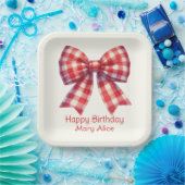 Cute Red and Cream Gingham Bow Papieren Bordje (Feest)