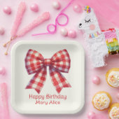 Cute Red and Cream Gingham Bow Papieren Bordje (Feest)
