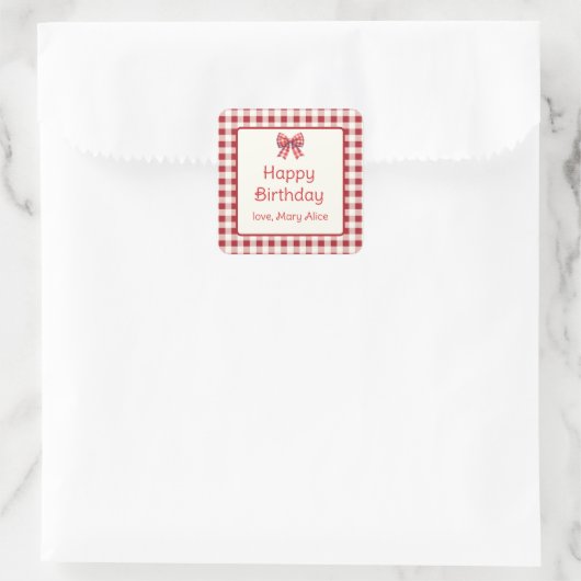 Cute Red and Cream Gingham Bow Vierkante Sticker (Tas)