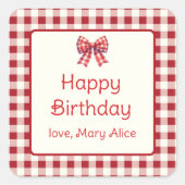Cute Red and Cream Gingham Bow Vierkante Sticker (Voorkant)