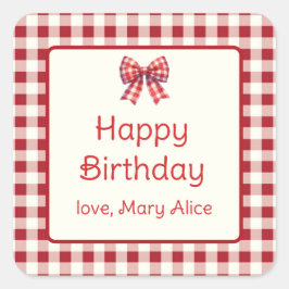 Cute Red and Cream Gingham Bow Vierkante Sticker