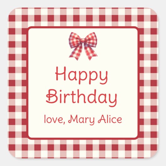 Cute Red and Cream Gingham Bow Vierkante Sticker (Voorkant)