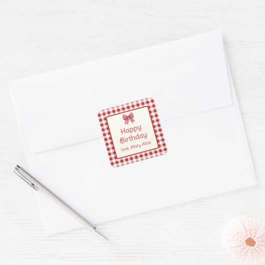 Cute Red and Cream Gingham Bow Vierkante Sticker (Envelop)