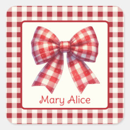 Cute Red and Cream Gingham Bow Vierkante Sticker