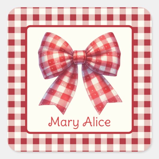 Cute Red and Cream Gingham Bow Vierkante Sticker (Voorkant)