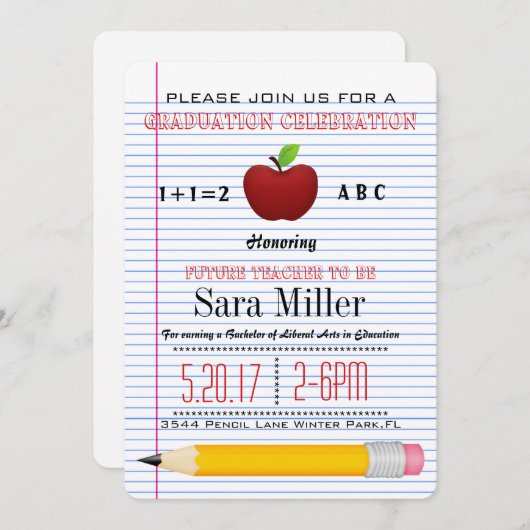 Cute Red Apple Teacher Afstuderen Invitation Kaart (Voorkant / Achterkant)