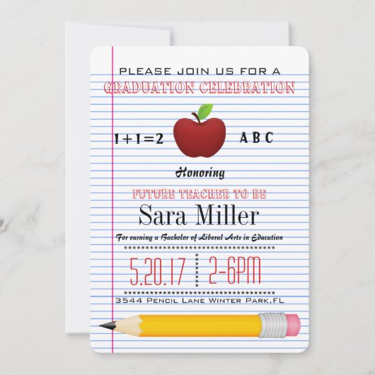 Cute Red Apple Teacher Afstuderen Invitation Kaart (Voorkant)