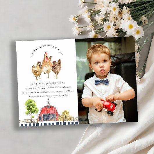 Cute Red Barn Chicken Boerderij Photo Birthday Inv Bedankkaart