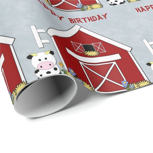 Cute Red Barn, Koe Boerderij, Aangepaste verjaarda Cadeaupapier (Rol Hoek)