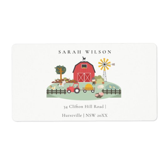 Cute Red Barnyard Boerderij Animal Baby shower Etiket (Voorkant)