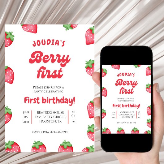 Cute Red Berry First Birthday Watercolor  Kaart