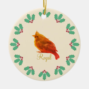 Cute Red Bird & Holly Berries Keramisch Ornament
