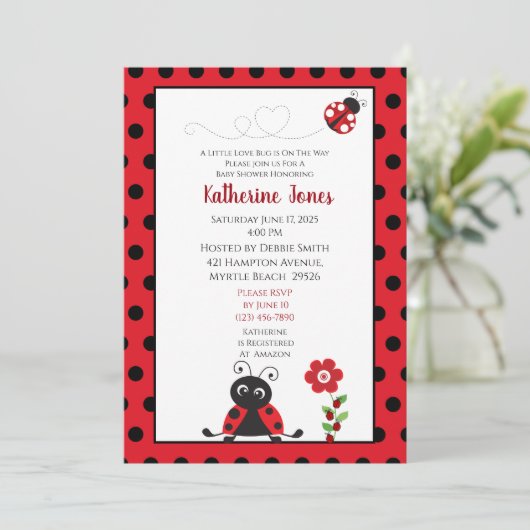 Cute Red Black Ladybug Baby shower Invitation Kaart (Staand voorkant)