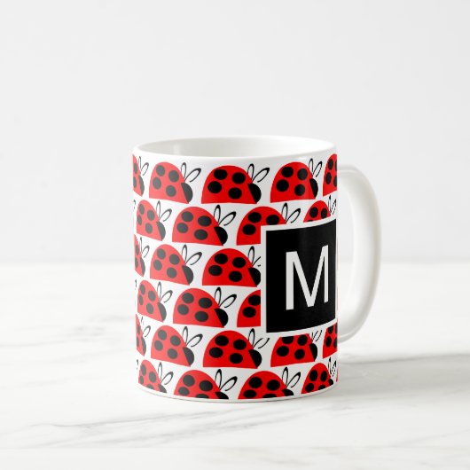Cute Red Black Ladybug Monogram Koffiemok (Voorkant rechts)