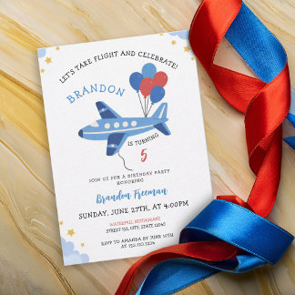 Cute Red & Blue Airplane Balloon 5th Birthday Kaart