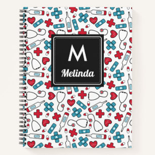 Cute Red Blue Medical Pattern Neurse Monogramed Notitieboek