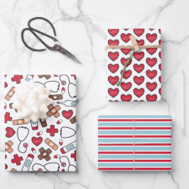 Cute Red Blue Neurse Doctor Medische Patronen Inpakpapier Vel