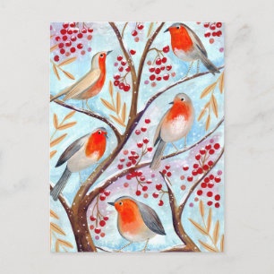 Cute red & blue Robin birds in tree with berries Feestdagenkaart