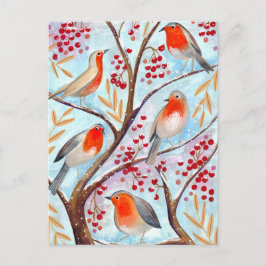 Cute red & blue Robin birds in tree with berries Feestdagenkaart
