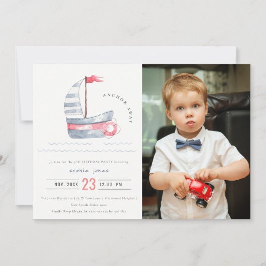 Cute Red Blue Sailboat Kinder Foto Birthday Kaart (Voorkant)