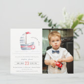 Cute Red Blue Sailboat Kinder Foto Birthday Kaart (Staand voorkant)