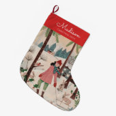 Cute Red & Blue sking winter landscape Patroon L Grote Kerstsok (Voorkant (Hangend))