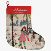 Cute Red & Blue sking winter landscape Patroon L Grote Kerstsok (Voorkant)