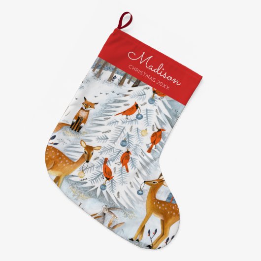 Cute Red & Blue Woodland Animal Patroon Grote Kerstsok (Voorkant (Hangend))