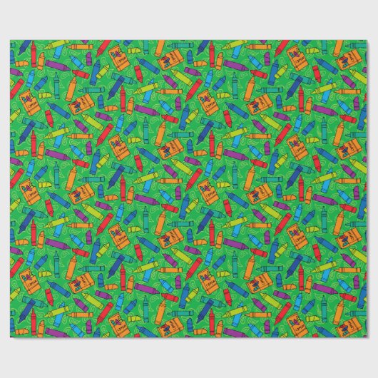 Cute Red Blue Yellow Crayons op Green Pattern Cadeaupapier (Vlak)