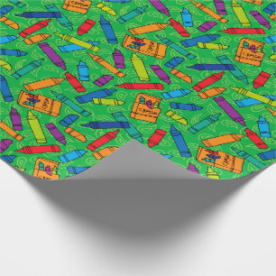 Cute Red Blue Yellow Crayons op Green Pattern Cadeaupapier