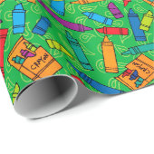 Cute Red Blue Yellow Crayons op Green Pattern Cadeaupapier (Rol Hoek)