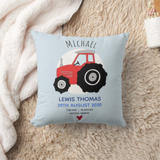 Cute Red Boerderij Tractor Name Baby Boy Birth Sta Kussen (Deken)