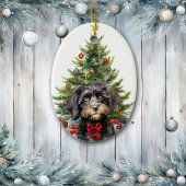 Cute Red Bow Black Tan Cavapoo Dog Christmas Keramisch Ornament